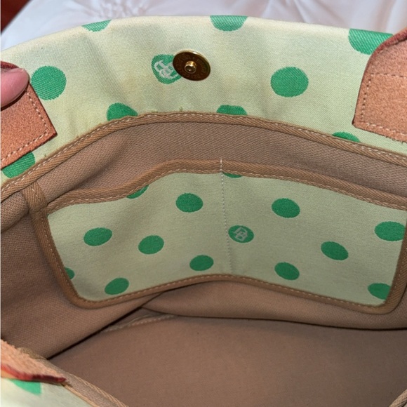 Dooney & Bourke Green Polka Dot Tote Bag with Tan Leather Handles And Tassels - Picture 4 of 14